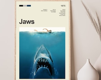 Mid Century Modern Jaws-filmaffisch, retrofilmtryck, moderna vintagefilmaffischer
