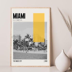 Póster de viaje de Miami, Florida, de mediados de siglo, arte mural retro, póster vintage para sala de estar, regalo de inauguración de casa.
