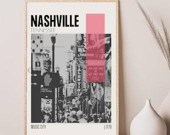 Mid Century Modern Nashville Tennessee Travel Poster, Retro Wall Art Home Decor, Vintage Poster Living Room Wall Art, House Warming Gift
