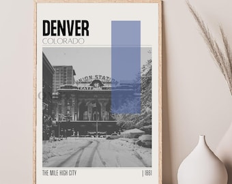 Mid Century Modern Denver Colorado Travel Poster, Retro Wall Art, Vintage Poster Living Room Wall Art, House Warming Gift