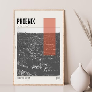 Póster de viaje moderno de mediados de siglo de Phoenix, Arizona, arte de pared retro, póster vintage para sala de estar, regalo de inauguración de la casa