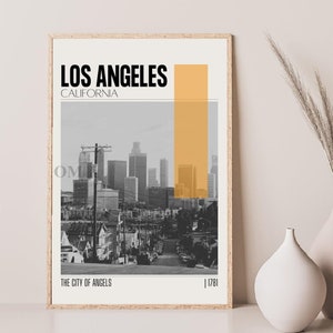 Poster di viaggio di Los Angeles, California, stile Mid-Century Modern, arte murale retrò, poster vintage, decorazione da parete per soggiorno, regalo di inaugurazione della casa
