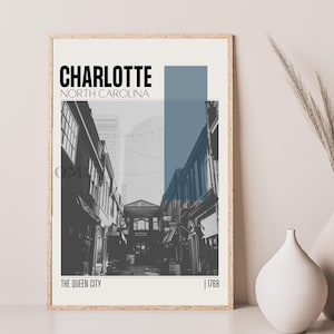 Póster de viaje de Charlotte, Carolina del Norte, estilo moderno de mediados de siglo, arte mural retro, póster vintage para sala de estar, regalo de inauguración de casa.