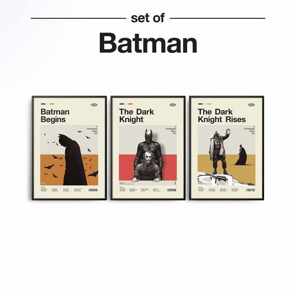 Mid Century Modern The Dark Knight Trilogy Posters Set, Retro Movie Print, Modern Vintage Movie Poster