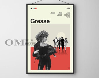 Mid Century Modern Grease Movie Poster, Retro Movie Print, Modern Vintage Movie Posters