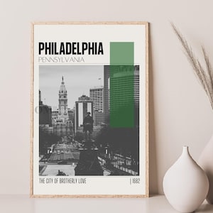 Póster de viaje moderno de mediados de siglo de Filadelfia, Pensilvania, arte mural retro, póster vintage para sala de estar, regalo de inauguración de casa.