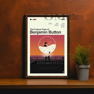 Pode incluir: Um cartaz de filme minimalista para o filme "O Curioso Caso de Benjamin Button" com a silhueta de uma pessoa dançando em um mostrador de relógio contra um fundo de pôr do sol. O cartaz inclui o título do filme, o ano de lançamento e uma citação do filme.