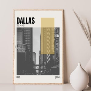 Póster de viaje de Dallas, Texas, moderno de mediados de siglo, arte mural retro, póster vintage para sala de estar, regalo de inauguración de casa.