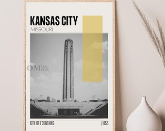 Póster de viaje de Kansas City, Misuri, de mediados de siglo, arte mural retro, póster vintage para sala de estar, regalo de inauguración de casa.