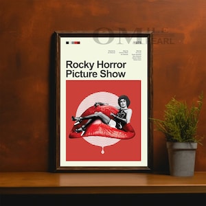 May include: A red and white poster with the title "Rocky Horror Picture Show" and a black and white image of a person sitting on a large red lip. The poster also includes the year "1975" and the names of the director, story writer, and starring actors.
