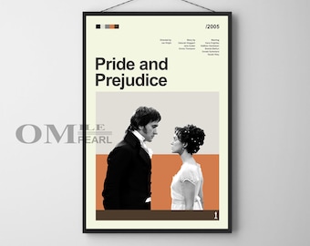 May include: A minimalist movie poster for the 2005 film "Pride and Prejudice". The poster features a black and white image of a man and woman looking at each other. The background is a light orange color with a black and white geometric pattern at the top.