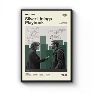 May include: A black and white film poster for the movie "Silver Linings Playbook" directed by David O. Russell. The poster features a black and white photograph of two people, a woman and a man, looking at each other. The poster has a green background with white text and a white border. The text on the poster reads "Silver Linings Playbook", "Directed by David O. Russell", "Story by David O. Russell", "Starring: Bradley Cooper, Jennifer Lawrence, Robert De Niro, Jacki Weaver, Chris Tucker, Anupam Kher, John Ortiz, Shea Whigham, Paul Herman,  Dash Mihok, Matthew Russell", and "2012".