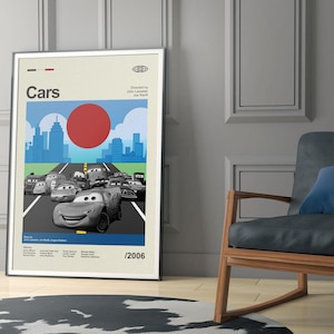 Mid Century Modern Lightning McQueen Poster, Minimalist Cars Movie Poster, Retro Wall Hangings, Vintage Movie Room Decor