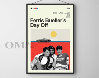 May include: A black and white poster with a red and blue background. The poster features a vintage style illustration of a car driving on a road with a yellow sun in the sky. The text on the poster reads "Ferris Bueller's Day Off" and "1986".