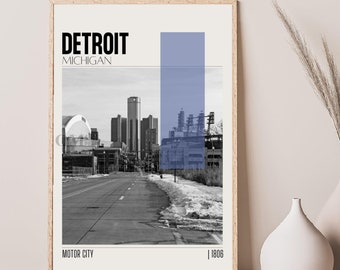 Mid Century Modern Detroit Michigan Travel Poster, Retro Wall Art, Vintage Poster Living Room Wall Art, House Warming Gift