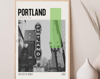 Mid Century Modern Portland Oregon Travel Poster, Retro Wall Art Home Decor, Vintage Poster Living Room Wall Art, House Warming Gift