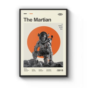 May include: A minimalist movie poster for the film "The Martian" featuring a black and white image of an astronaut in a spacesuit standing on a red planet. The poster has a white background with a large orange circle behind the astronaut. The text "The Martian" is in black at the top of the poster, and the text "a Ridley Scott film" is in black at the bottom right of the poster. The year "2015" is in black at the bottom right of the poster.