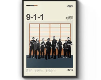 May include: A minimalist poster with a white background and a brown grid pattern. The poster features the title "9-1-1" in black text and a group of actors in black and white standing in front of a blue background. The text "Created by Ryan Murphy, Brad Falchuk, Tim Minear" is in black text and the text "/2018" is in black text.