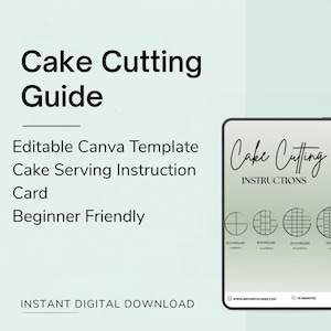 Puede incluir: Una guía digital para cortar pasteles con el texto "Cake Cutting Guide" y "Plantilla Canva editable". La guía incluye instrucciones para servir pasteles y es apta para principiantes. Una tableta muestra diagramas de corte de pasteles.