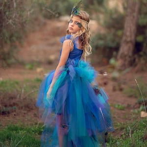 女の子用ハロウィン用ブルーピーコックチュチュコスチューム