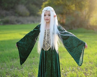 Puede incluir: Una persona joven vestida de elfo con un largo vestido de terciopelo verde con detalles dorados y una peluca blanca. El vestido tiene mangas largas y una falda fluida. La persona está de pie en un campo de hierba verde.