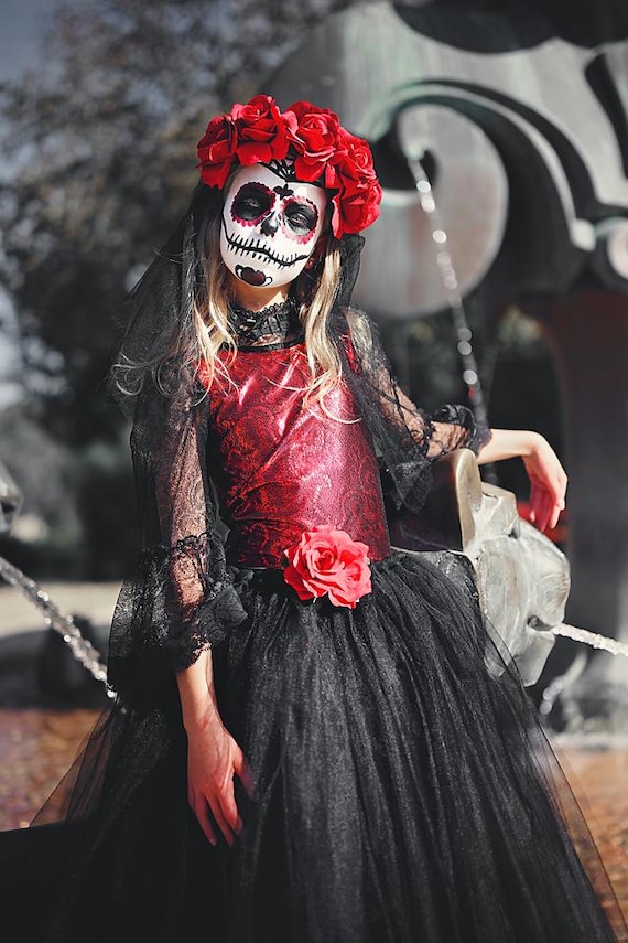 chinese dress ladies La Catrina - Embroidered Roses Stays Corset & Lace Skirt Cosplay Costume Dress. ~ Dia de Los Muertos ~ Day of The Dead