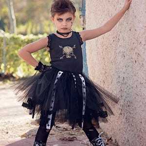 Punk Rocker Girl Costume: Skull Dress Tutu Set with Lace Gloves