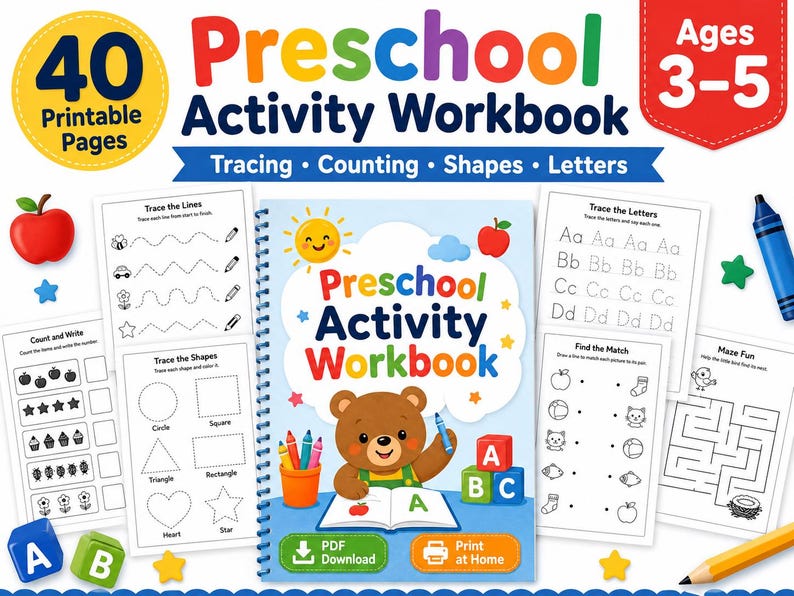 Preschool Worksheets PDF, Activity Workbook Ages 3-5, Printable Prek ...