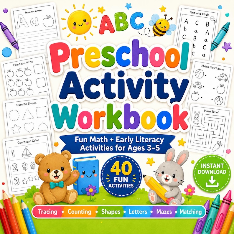 Preschool Worksheets PDF, Activity Workbook Ages 3-5, Printable Prek ...