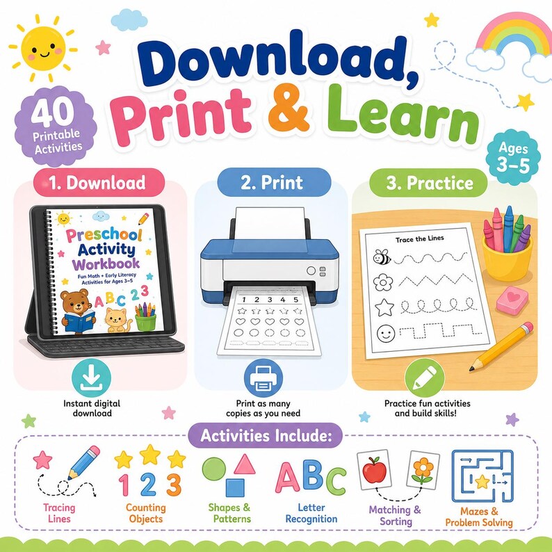 Preschool Worksheets PDF, Activity Workbook Ages 3-5, Printable Prek ...