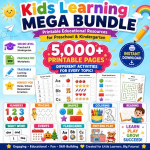 Può includere: Un pacchetto di risorse educative digitali intitolato Kids Learning MEGA BUNDLE con oltre 5.000 pagine stampabili per la scuola dell'infanzia. Include schede didattiche per numeri, alfabeto, forme, labirinti, colorazione e flashcard.