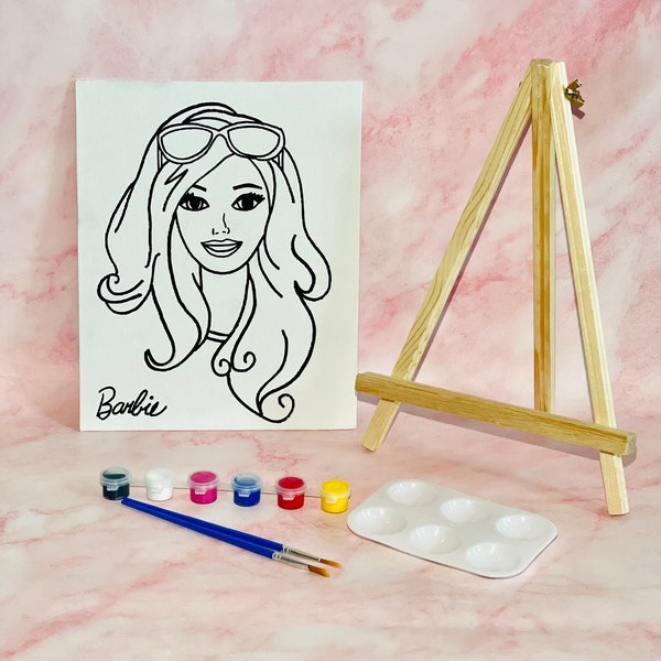 Barb Doll, Art parties, Art Kids Party, Canvas ready to paint, Art kits, doll predrawn canvas, kids party, fabulous Doll