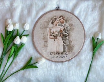 Cotton Wedding Anniversary Gift, Photo Embroidery Hoop, Gift for Husband, Gift for Wife, Wedding Day Photo Print, Round Photo Canvas