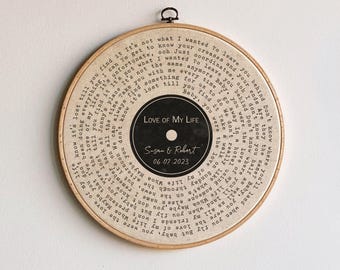 Personalized Song Lyrics Vinyl Record Art on Wood Hoop