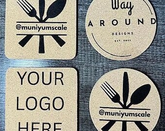 May include: Four beige coasters with black text and designs. Two coasters have a fork, spoon, and knife design with the text "@muniyumscale". One coaster says "YOUR LOGO HERE". The other says "Way AROUND DESIGNS EST. 2019".