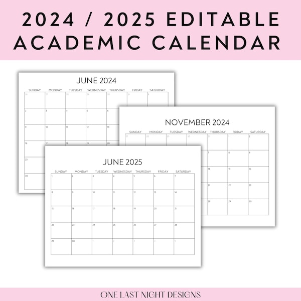 2024/2025 Monthly Academic Calendar | Minimal | Blank Calendar | Digital Download | Editable PDF | Canva Template Link | Editable Calendar