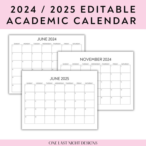 2024/2025 Monthly Academic Calendar | Minimal | Blank Calendar | Digital Download | Editable PDF | Canva Template Link | Editable Calendar