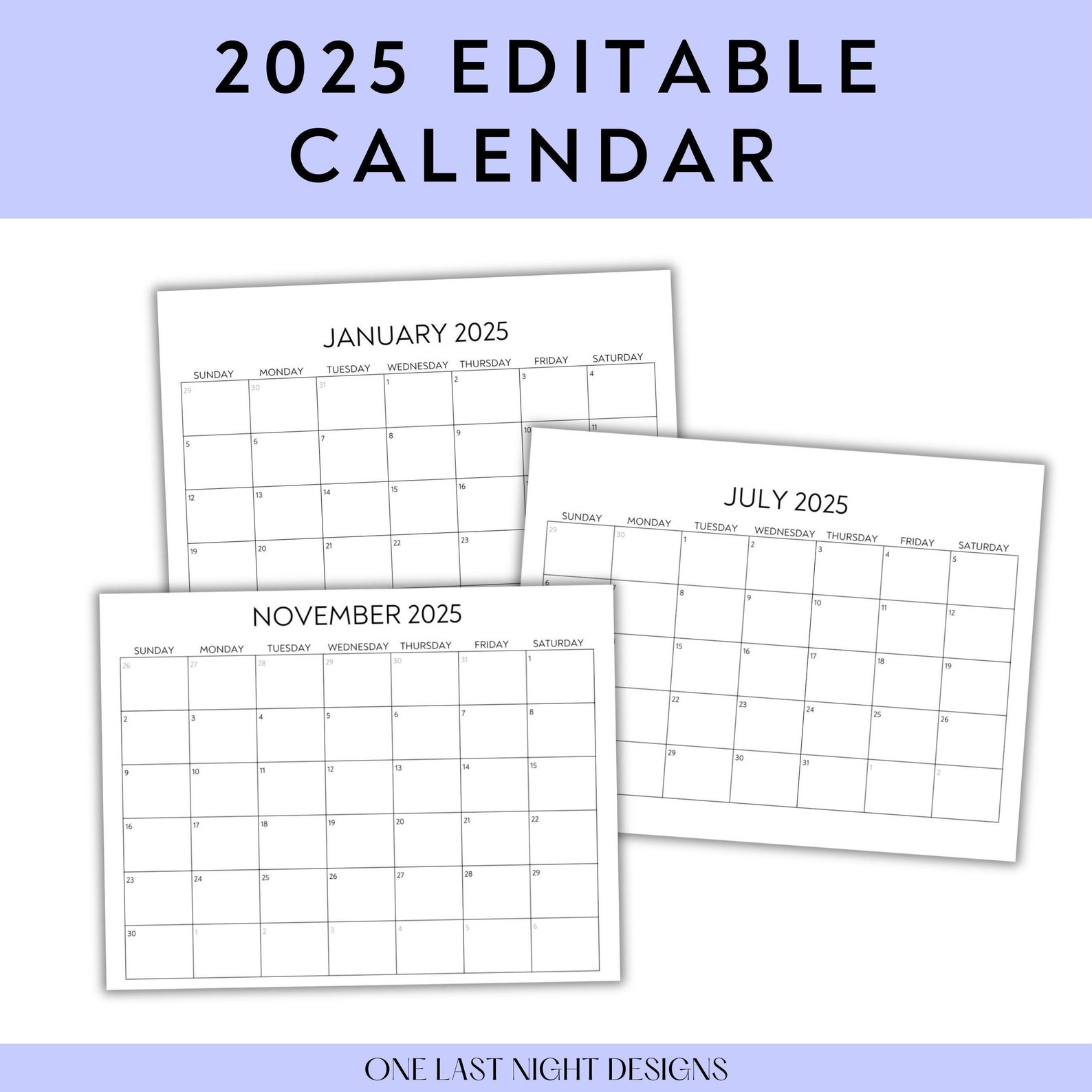 2025 Monthly Calendar | Editable Calendar | Calendar Template | Blank