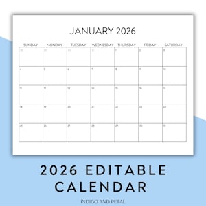 Puede incluir: Un calendario imprimible de enero de 2026 con un diseño simple y minimalista. El calendario está en blanco y negro y presenta los días de la semana y las fechas del mes. El texto "2026 Calendario Editable" e "Indigo and Petal" se encuentra en la parte inferior del calendario.