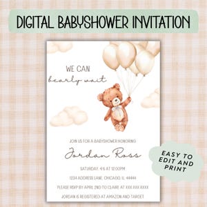 We Can Bearly Wait Baby Shower Invitation | Digital Download | Canva Template | Editable Invitation 5x7 | Editable Printable | Customizable