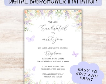 May include: Digital baby shower invitation with floral and butterfly accents. The invitation reads "We are Enchanted to meet you" and includes event details for Stephanie's baby shower. Easy to edit and print.