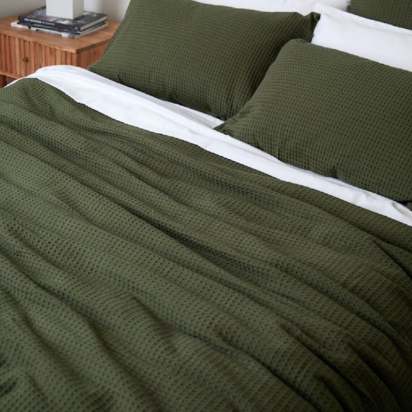 Dark Green Waffle Duvet Cover, Waffle Quilt Cover Set, King Queen Twin Duvet covers, Washed Duvet Cover with Waffle Bedding Cotton Duvet