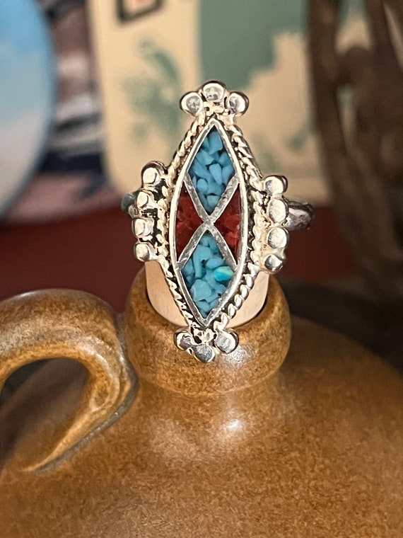 Sterling Turquoise and Coral Chip Inlay Ring