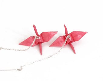 Pink Origami Crane Threader Earrings: Sterling Silver Paper Jewelry