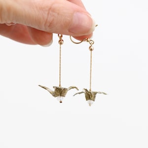 Small Origami Crane Earrings with Moon Stone, Hope, Good Fortune Earrings, Japanese Style Mini Origami, Best Friend Support Gifts for Her