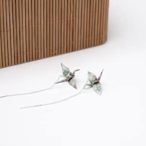 Japanese Paper Origami Crane Earrings Dangle with Sterling Silver Chain, Unique Gift for Girlfriend Valentines day Gift