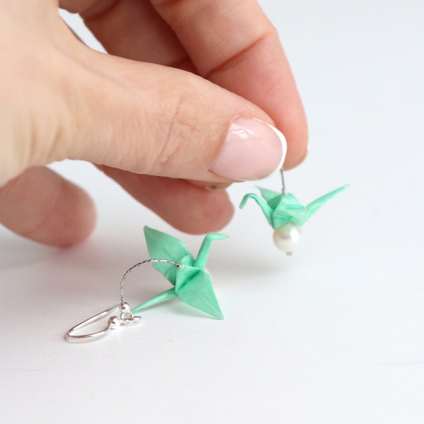 Green Mint Origami Crane Earrings, Japanese Paper Small Bird Earrings, Silver Dangling Crane Origami Earrings, 1st Anniversary Gifs for Her