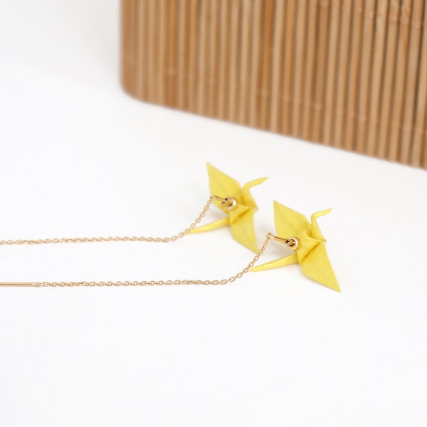 Handmade Yellow Origami Crane Threader Earrings Sterling Silver Good Luck Jewelry, Best Wishes Friend Birthday Gifts, Bird Earrings Kranich