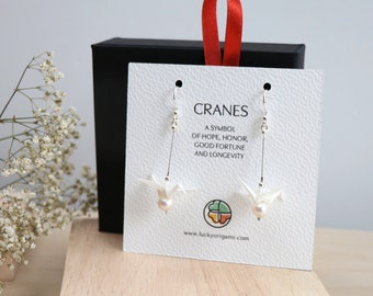 Japanese Paper White Origami Crane Earrings, White Bird Bridal Jewelry, 1st Anniversary Gift, Wearable Art, Graduation Gift for Her