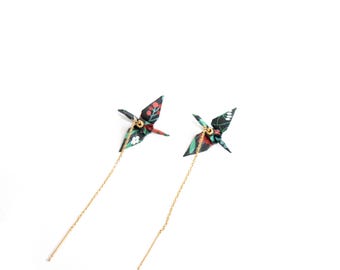 Christmas Origami Crane Dangle Earrings: Japanese Paper, Gold Plated